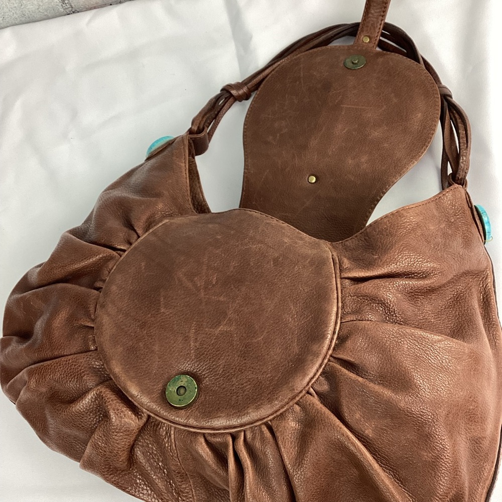 Cole Haan G Series Brown Leather Purse Natural Stone & Coral Accents - Picture 10 of 12